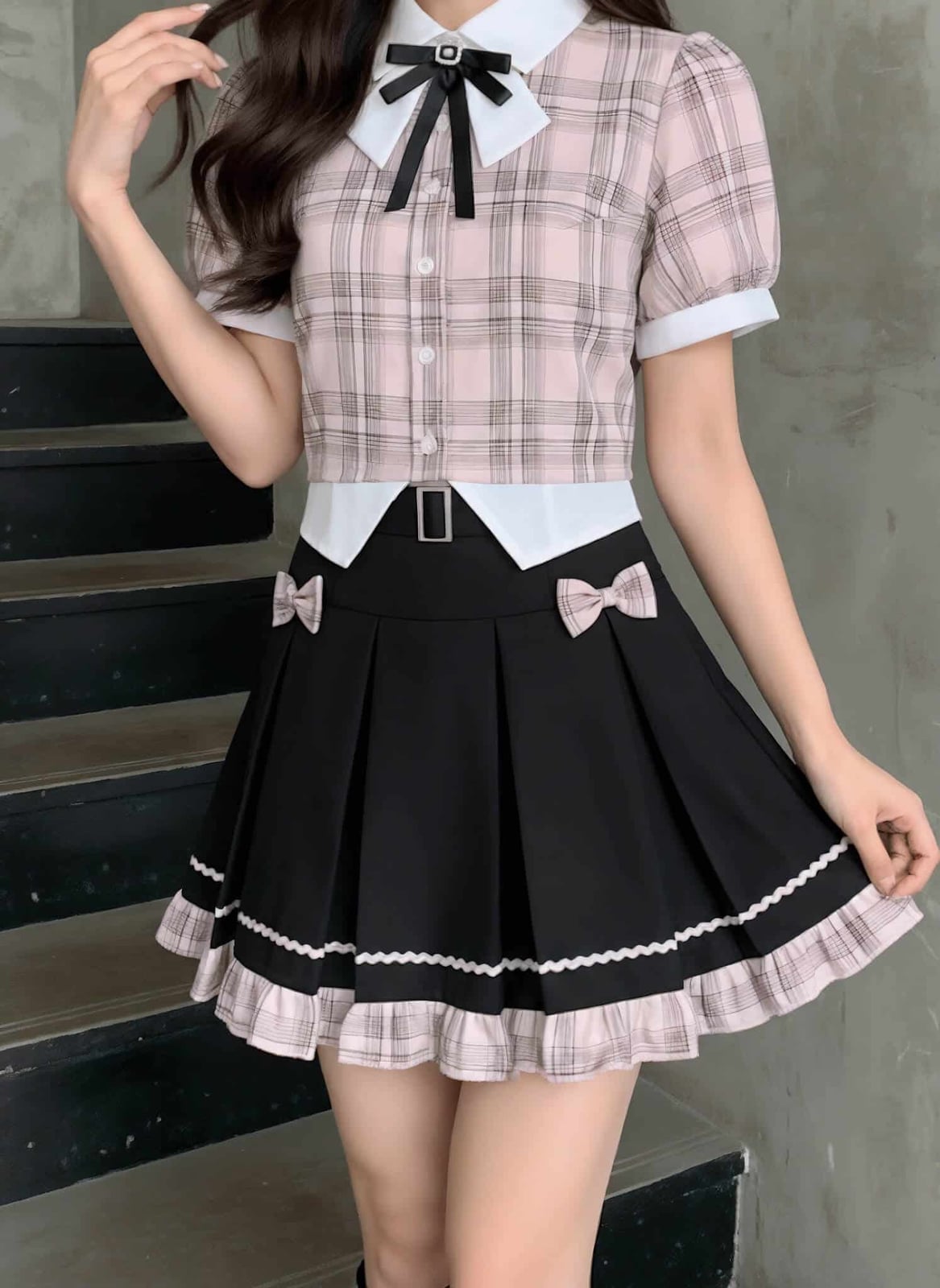 Pink plaid shirt with black bow tie and ruffled skirt Pink plaid shirt with black bow tie and ruffled skirt — Coquette Outfits