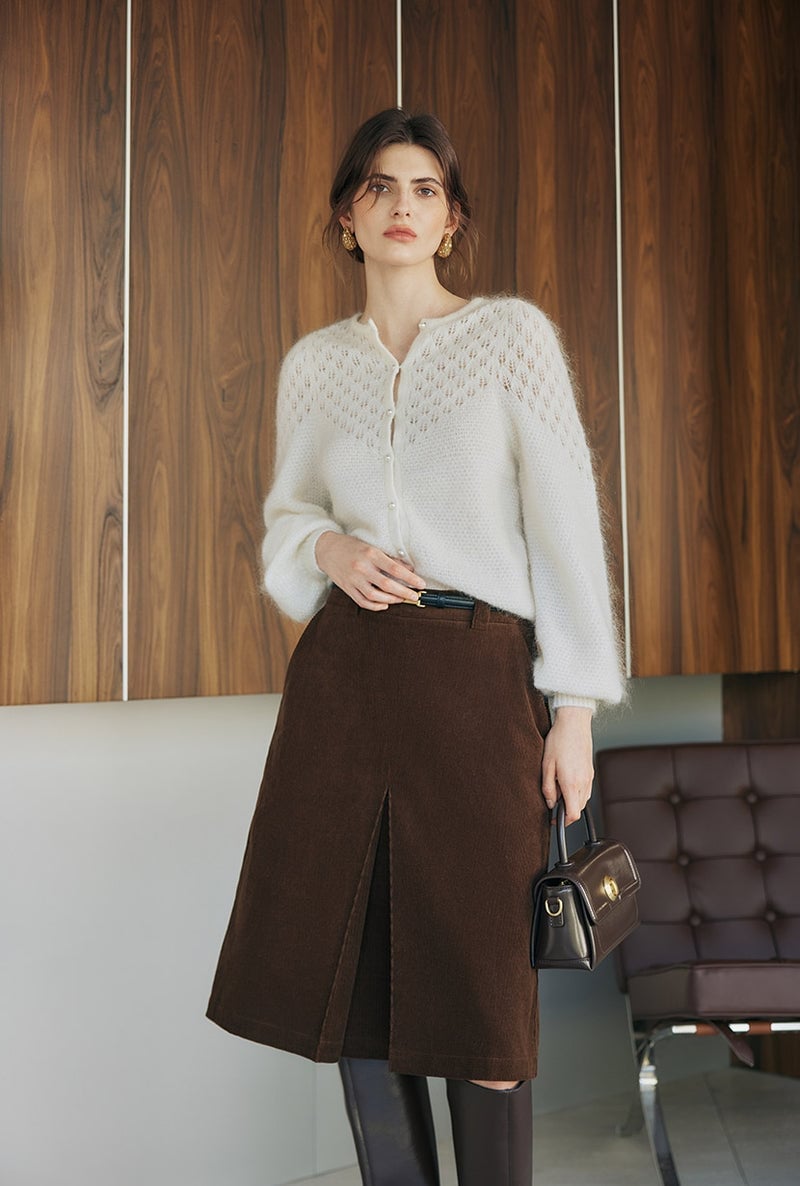 Brown Corduroy Midi Skirt With Textured Knit Cardigan Brown Corduroy Midi Skirt With Textured Knit Cardigan — Corduroy Skirt Outfit