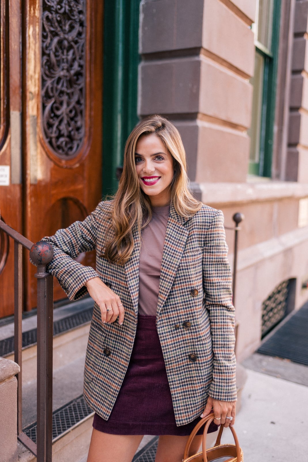 Burgundy Corduroy Mini Skirt With Plaid Blazer and Tote Burgundy Corduroy Mini Skirt With Plaid Blazer and Tote — Corduroy Skirt Outfit