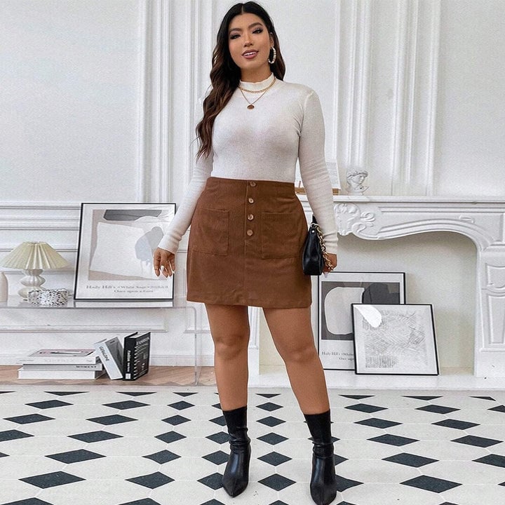 Brown Corduroy Mini Skirt With Button Front and Ankle Boots Brown Corduroy Mini Skirt With Button Front and Ankle Boots — Corduroy Skirt Outfit
