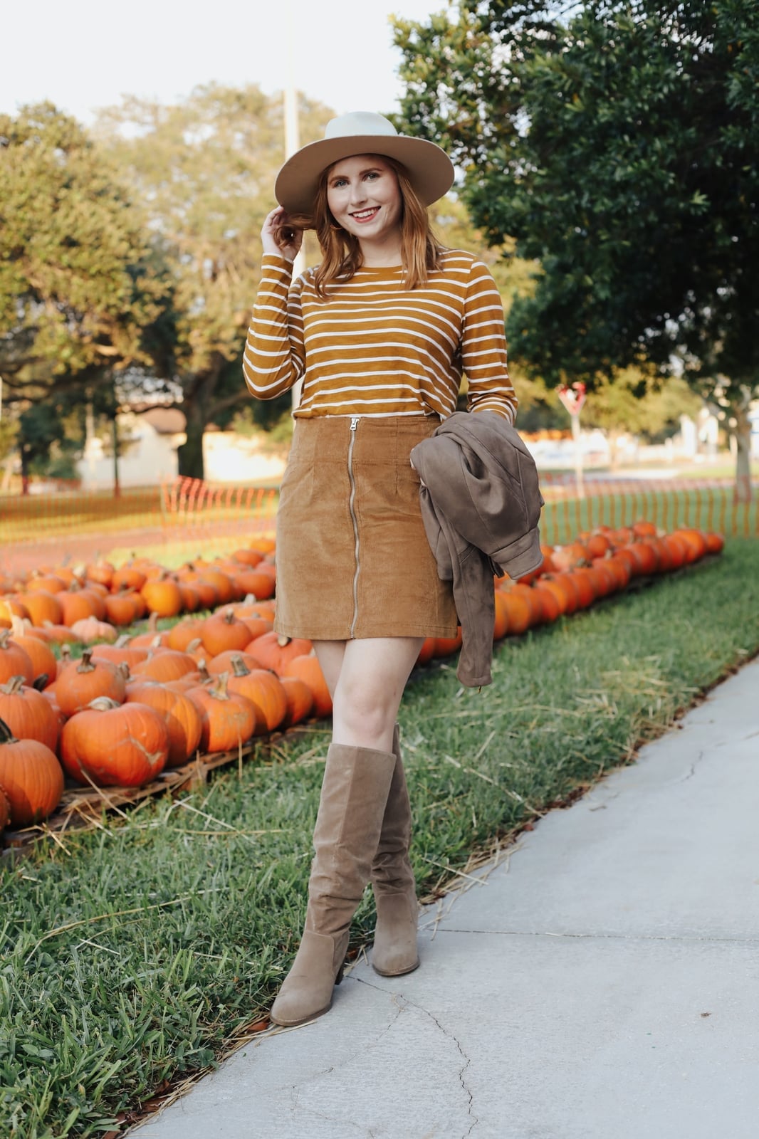 Orange Corduroy Mini Skirt With Striped Shirt and Knee-High Boots Orange Corduroy Mini Skirt With Striped Shirt and Knee-High Boots — Corduroy Skirt Outfit