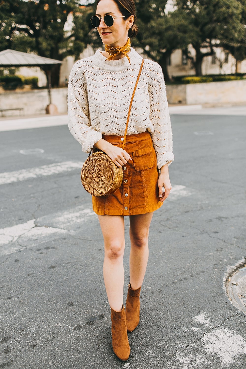 Tan Corduroy Mini Skirt With Open-Knit Sweater and Circle Bag Tan Corduroy Mini Skirt With Open-Knit Sweater and Circle Bag — Corduroy Skirt Outfit