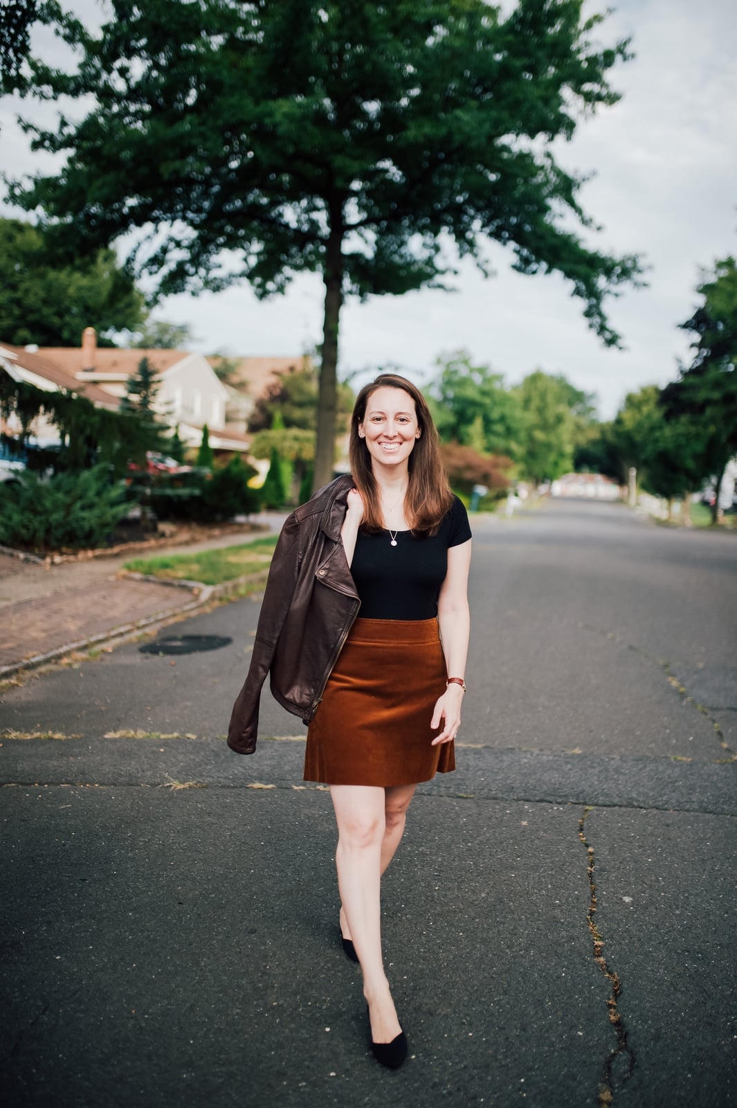 Burnt Orange Corduroy Mini Skirt With Leather Jacket and Heels Burnt Orange Corduroy Mini Skirt With Leather Jacket and Heels — Corduroy Skirt Outfit