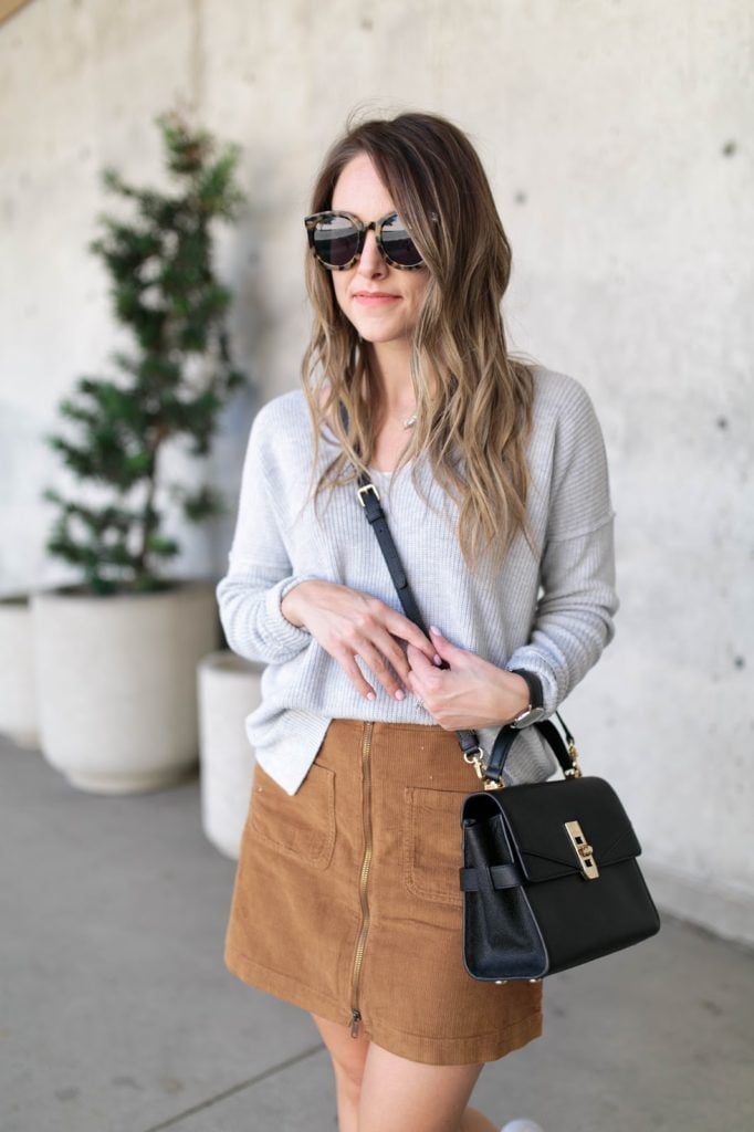 Brown Corduroy Mini Skirt With Zip Front and Gray Sweater Brown Corduroy Mini Skirt With Zip Front and Gray Sweater — Corduroy Skirt Outfit