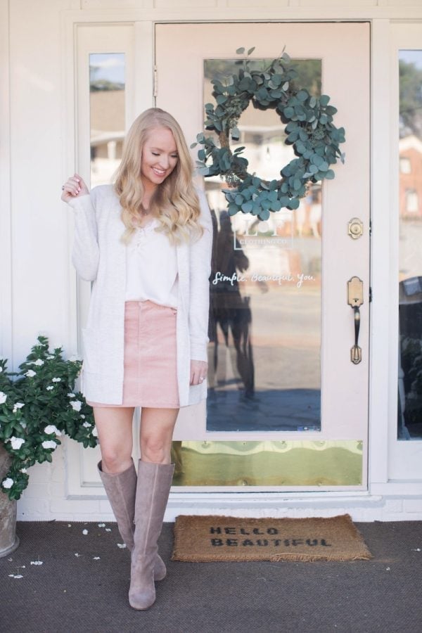 Pink Corduroy Mini Skirt With Camisole and Cardigan Pink Corduroy Mini Skirt With Camisole and Cardigan — Corduroy Skirt Outfit