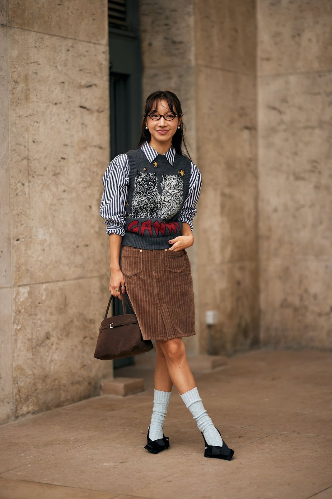 Brown Corduroy Midi Skirt With Striped Shirt and Knit Vest Brown Corduroy Midi Skirt With Striped Shirt and Knit Vest — Corduroy Skirt Outfit