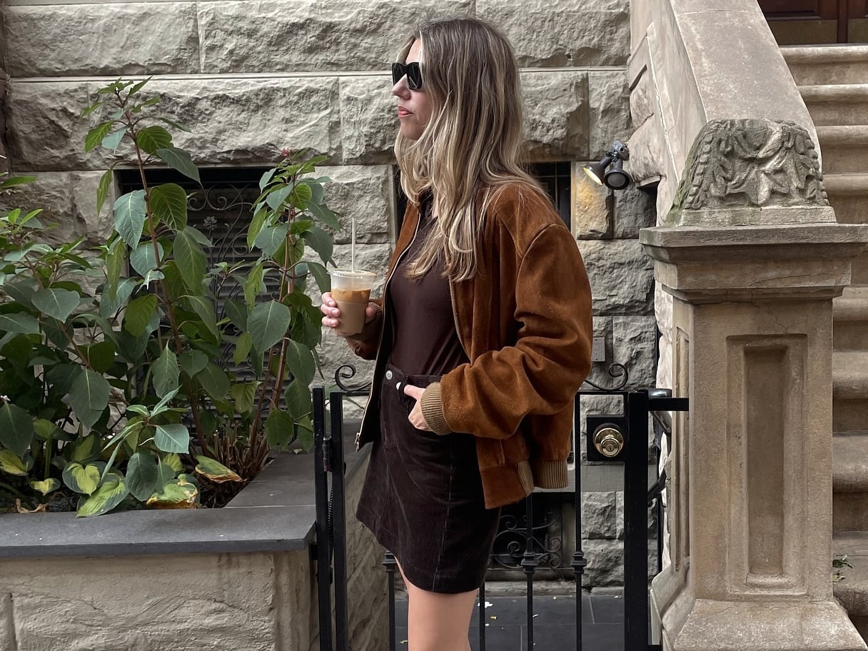 Dark Brown Corduroy Mini Skirt With Suede Bomber Jacket Dark Brown Corduroy Mini Skirt With Suede Bomber Jacket — Corduroy Skirt Outfit