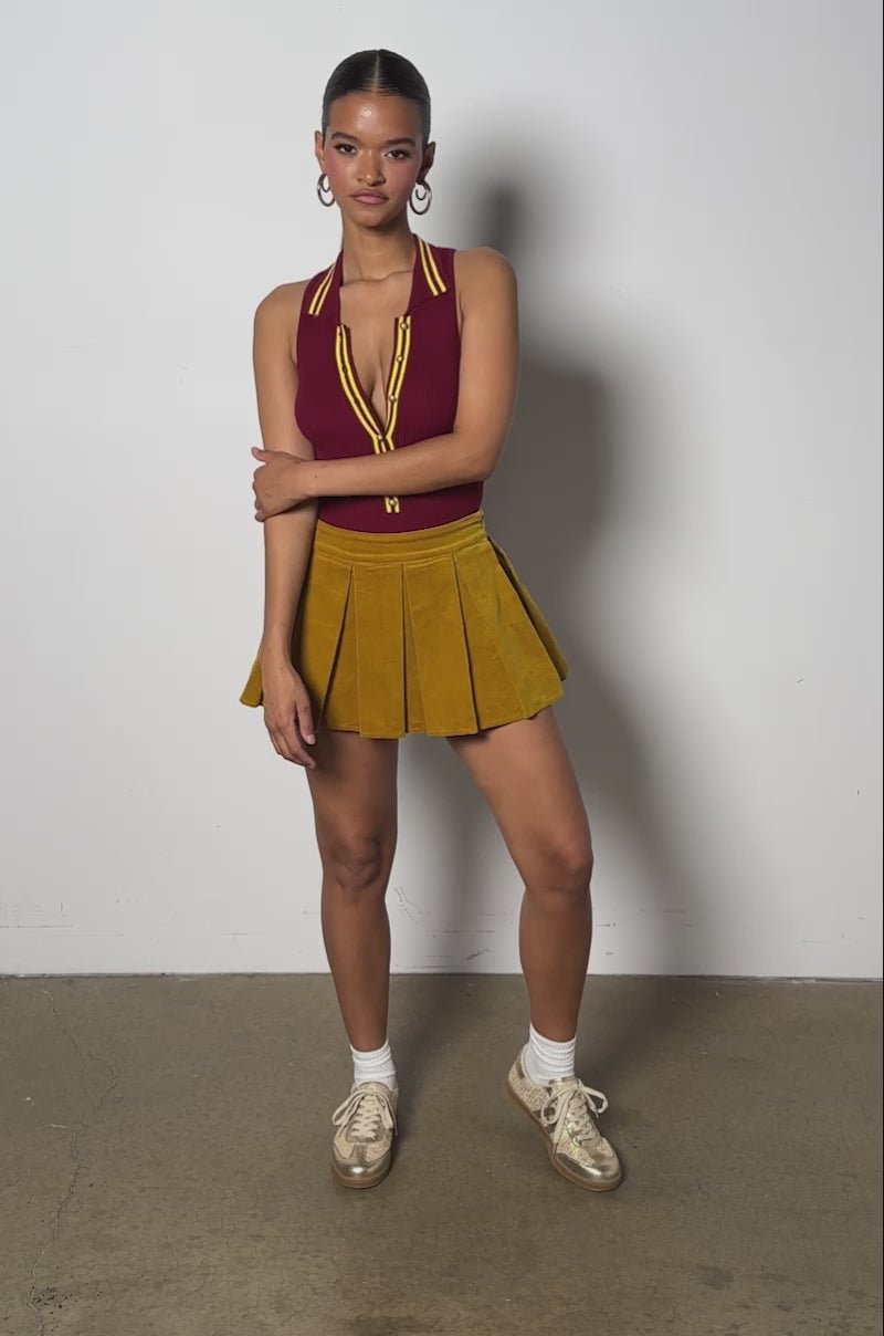 Mustard Yellow Pleated Corduroy Mini Skirt With Zip Top Mustard Yellow Pleated Corduroy Mini Skirt With Zip Top — Corduroy Skirt Outfit