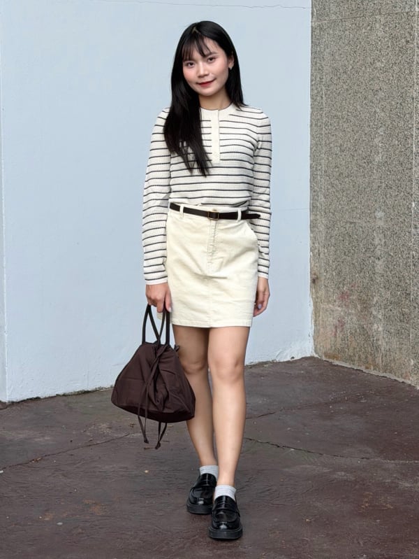 Cream Corduroy Mini Skirt With Striped Top and Loafers Cream Corduroy Mini Skirt With Striped Top and Loafers — Corduroy Skirt Outfit