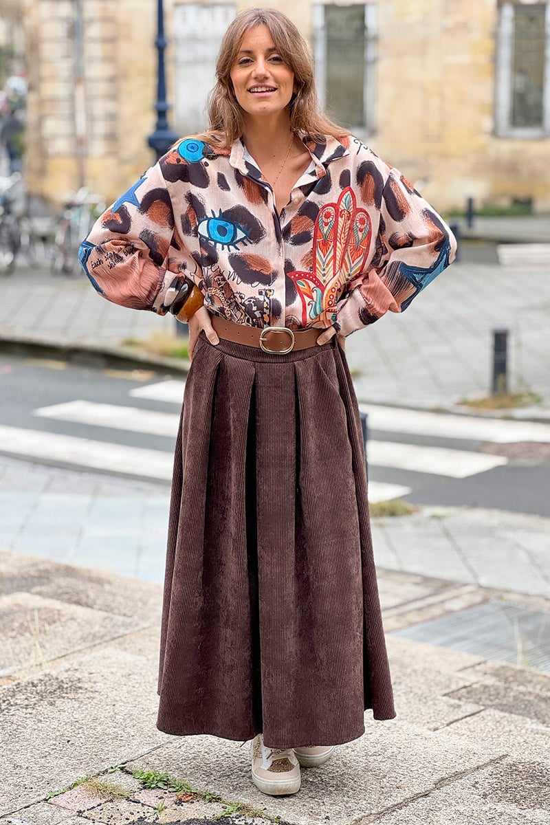 Chocolate Brown Corduroy Midi Skirt With Printed Shirt and Belt Chocolate Brown Corduroy Midi Skirt With Printed Shirt and Belt — Corduroy Skirt Outfit