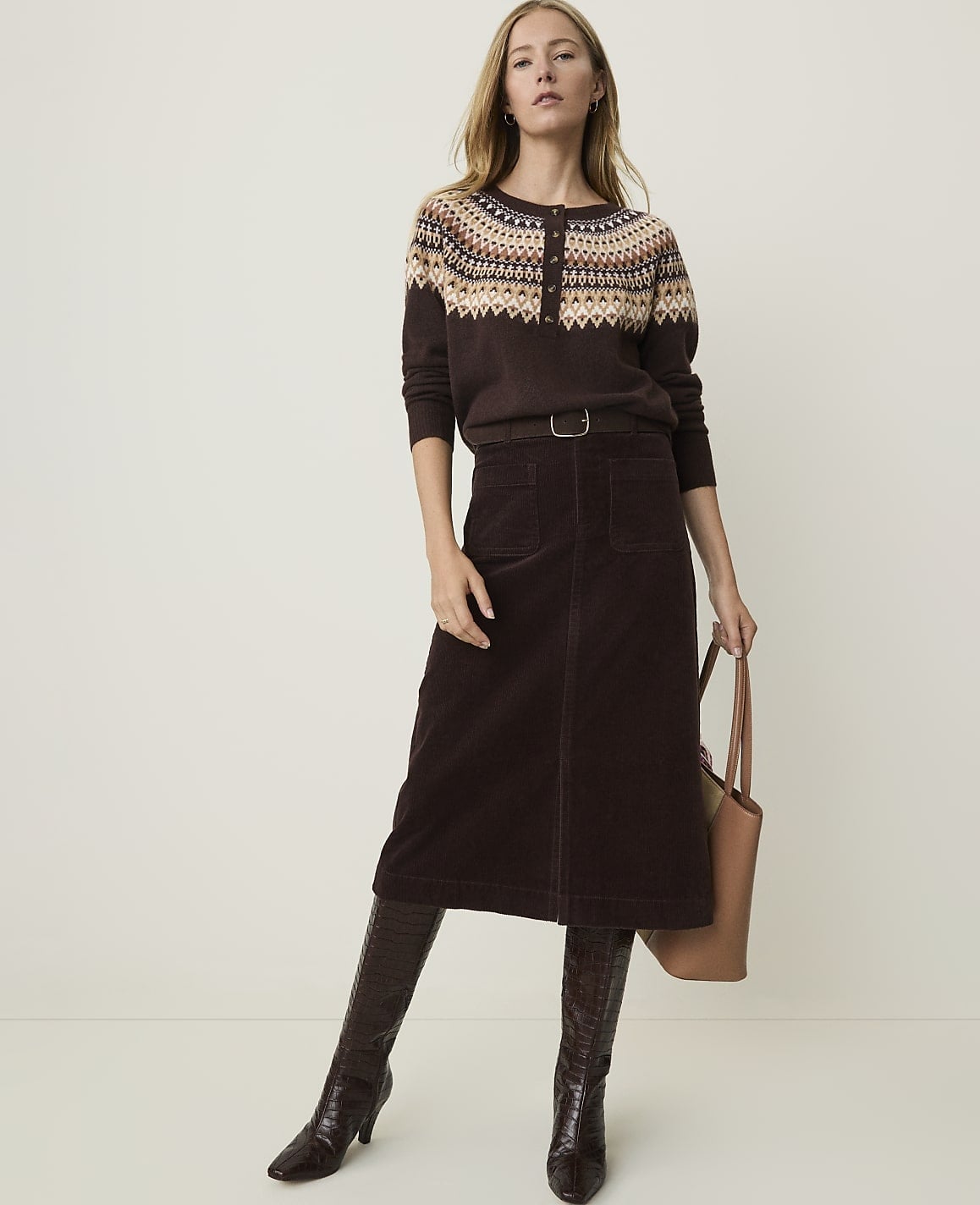 Brown Corduroy Midi Skirt With Fair Isle Sweater and Boots Brown Corduroy Midi Skirt With Fair Isle Sweater and Boots — Corduroy Skirt Outfit