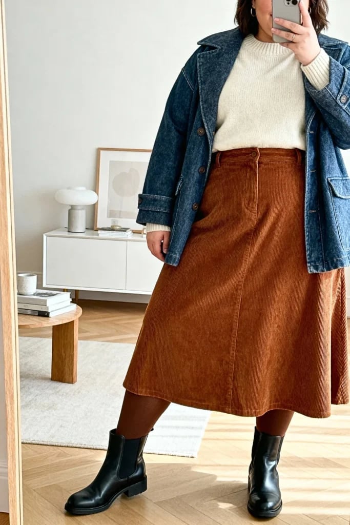 Brown Corduroy Midi Skirt With Denim Jacket and Knit Sweater Brown Corduroy Midi Skirt With Denim Jacket and Knit Sweater — Corduroy Skirt Outfit