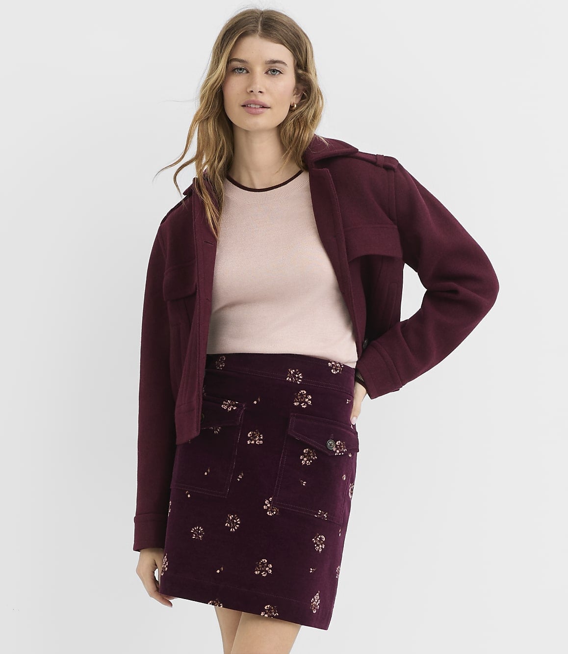 Burgundy Corduroy Mini Skirt With Embroidered Detail and Jacket Burgundy Corduroy Mini Skirt With Embroidered Detail and Jacket — Corduroy Skirt Outfit