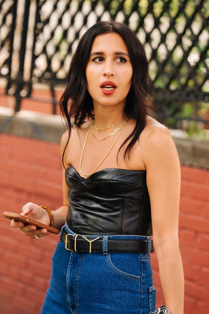 Black Leather Corset Over Blue Jeans Black Leather Corset Over Blue Jeans — Corset Outfits