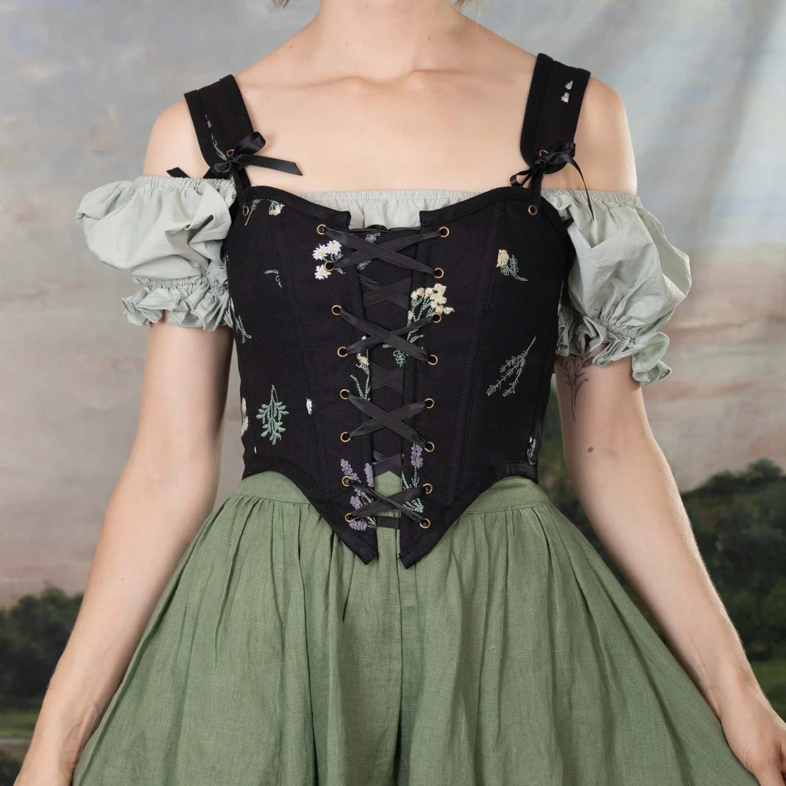Embroidered Corset Over Off-Shoulder Blouse Embroidered Corset Over Off-Shoulder Blouse — Corset Outfits