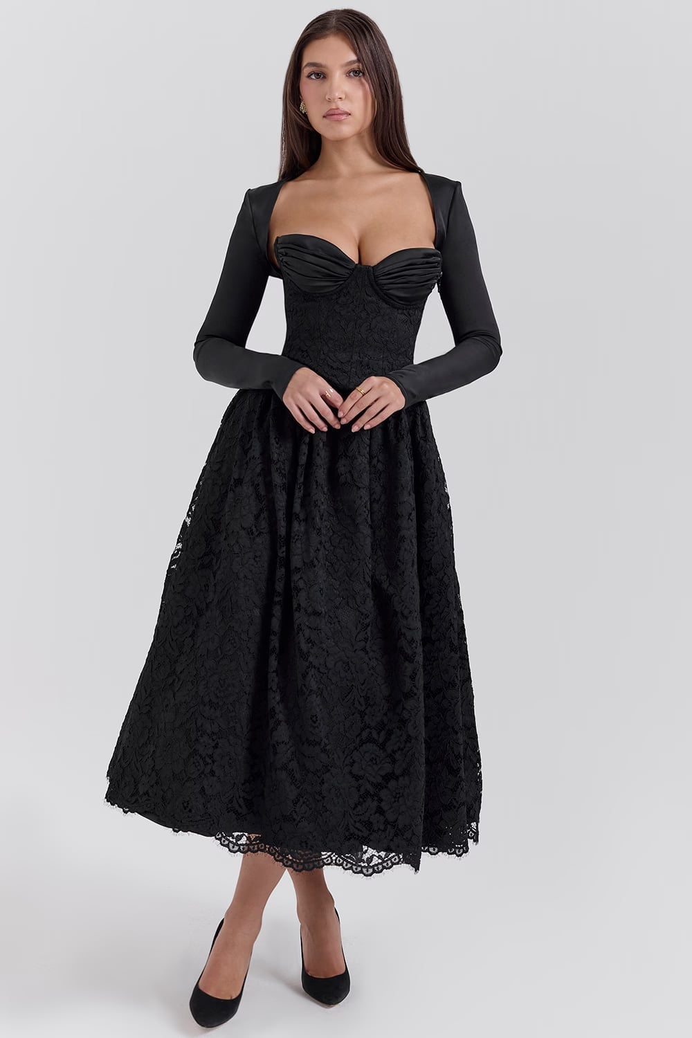 Black Lace Midi Dress With Bolero Black Lace Midi Dress With Bolero — Corset Outfits