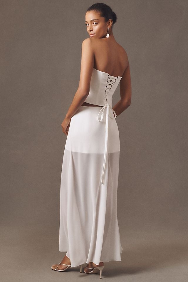 White Satin Corset Top With Sheer Maxi Skirt White Satin Corset Top With Sheer Maxi Skirt — Corset Outfits