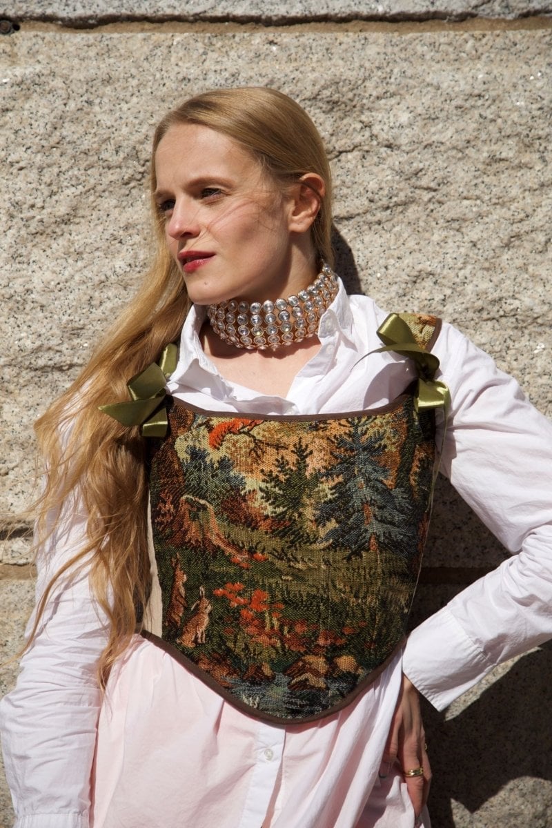 Tapestry Corset Over Button-Down Shirt Tapestry Corset Over Button-Down Shirt — Corset Outfits
