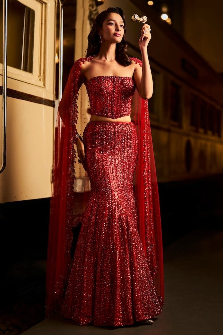 Red Sequined Corset With Beaded Cape Red Sequined Corset With Beaded Cape — Corset Outfits