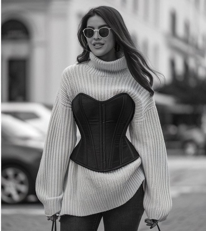 Black Corset Over Cream Knit Turtleneck Black Corset Over Cream Knit Turtleneck — Corset Outfits