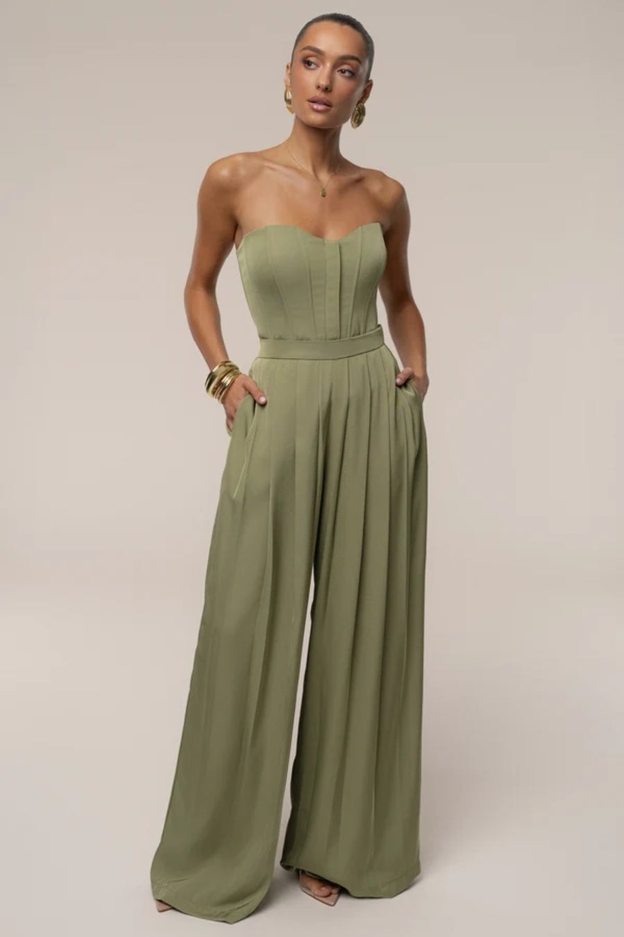 Olive Green Strapless Corset Jumpsuit Olive Green Strapless Corset Jumpsuit — Corset Outfits
