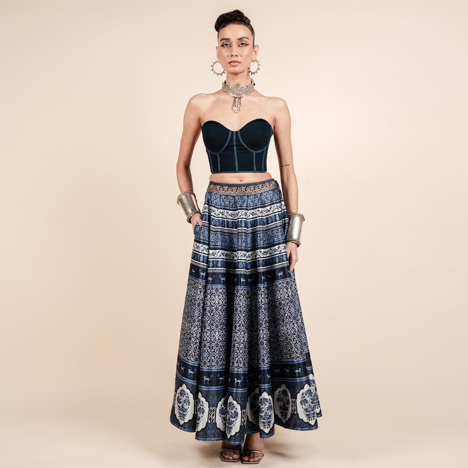 Navy Denim Corset With Tribal Print Maxi Skirt Navy Denim Corset With Tribal Print Maxi Skirt — Corset Outfits