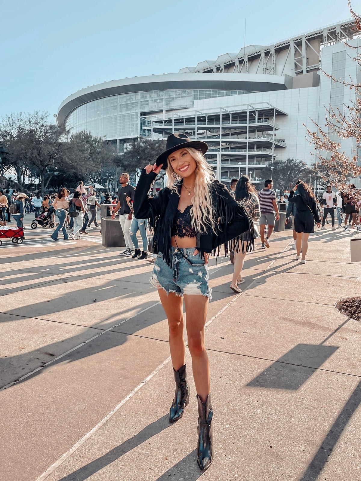Fringed jacket over lace bralette with distressed, Office-Safe Version Fringed jacket over lace bralette with distressed, Office-Safe Version — Country Concert Outfits Ideas