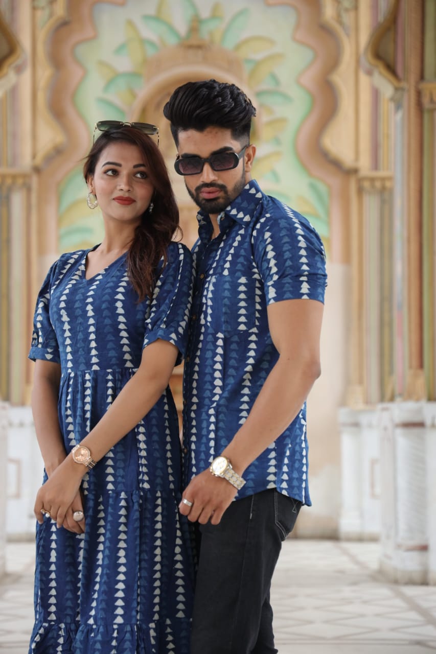 Blue and White Geometric Print Matching Couple Blue and White Geometric Print Matching Couple — Couple Outfit