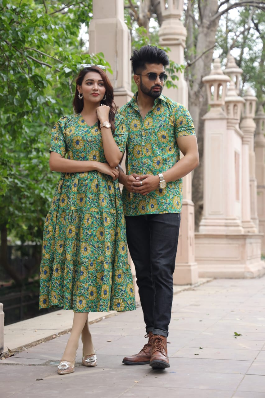 Green and Yellow Floral Print Couple Outfits Green and Yellow Floral Print Couple Outfits