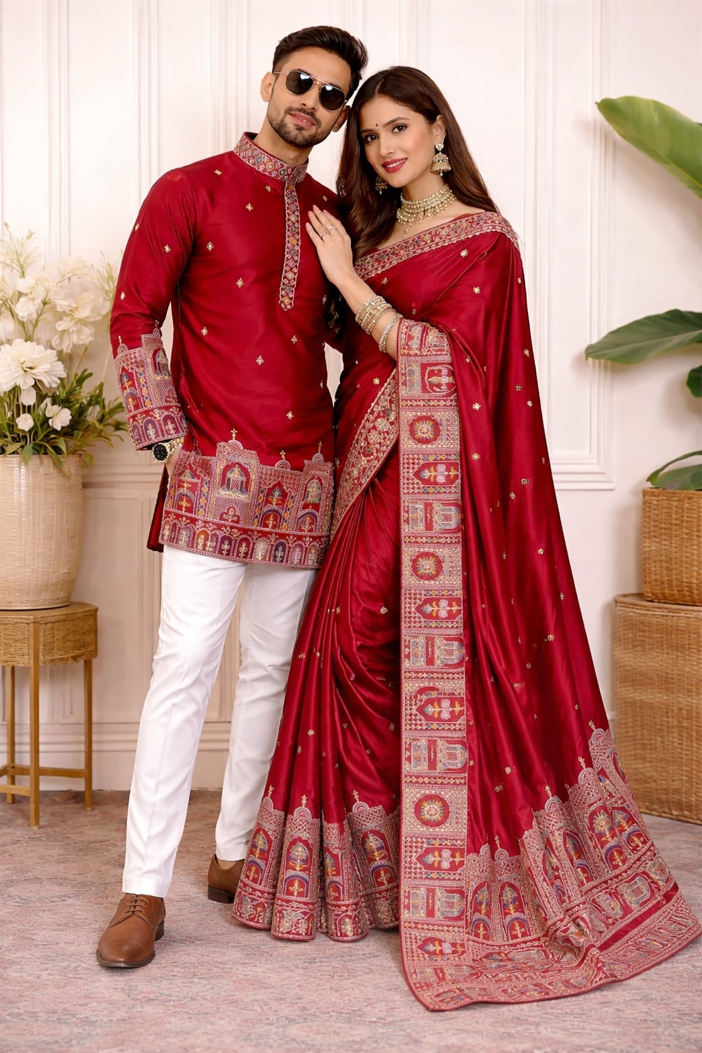 Red Traditional Indian Couple Attire, Kurta Is Straight Red Traditional Indian Couple Attire, Kurta Is Straight — Couple Outfit
