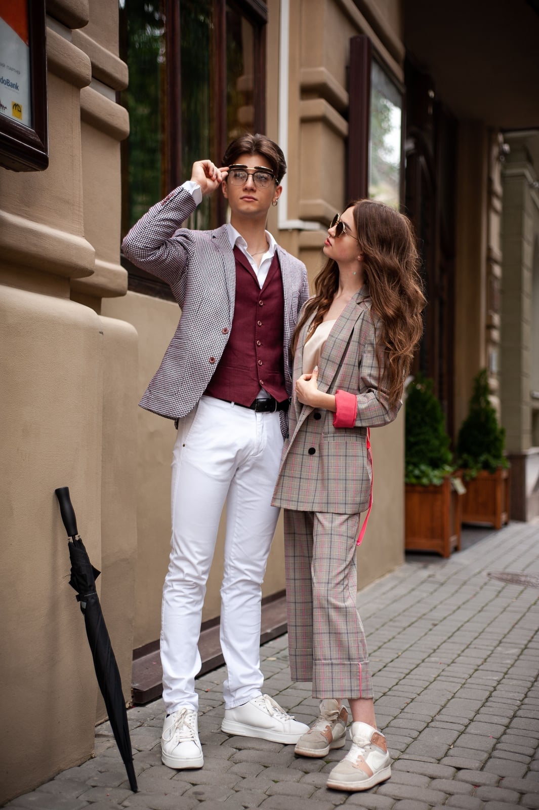 Smart Casual Checked Blazer Couple Ensemble Smart Casual Checked Blazer Couple Ensemble — Couple Outfit