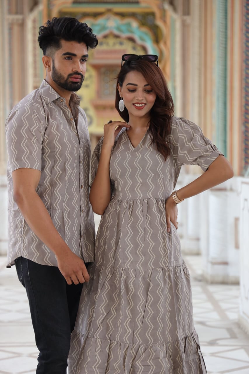 Neutral Geometric Patterned Casual Couple Outfits Neutral Geometric Patterned Casual Couple Outfits