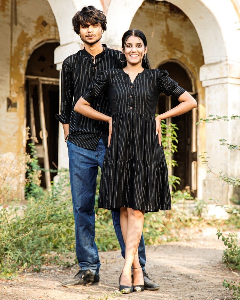 Evening Casual Couple in Silver Pinstripes Evening Casual Couple in Silver Pinstripes — Couple Outfit