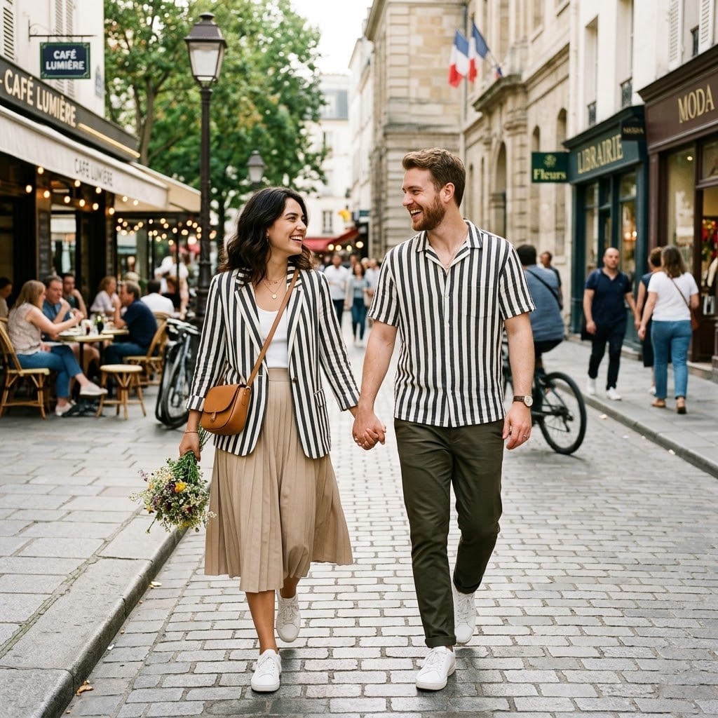 City Exploration Couple in Vertical Stripes City Exploration Couple in Vertical Stripes — Couple Outfit
