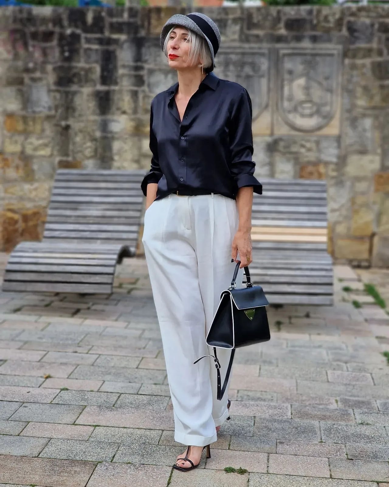 Black satin shirt with white wide-leg linen trousers Black satin shirt with white wide-leg linen trousers — Court Outfits