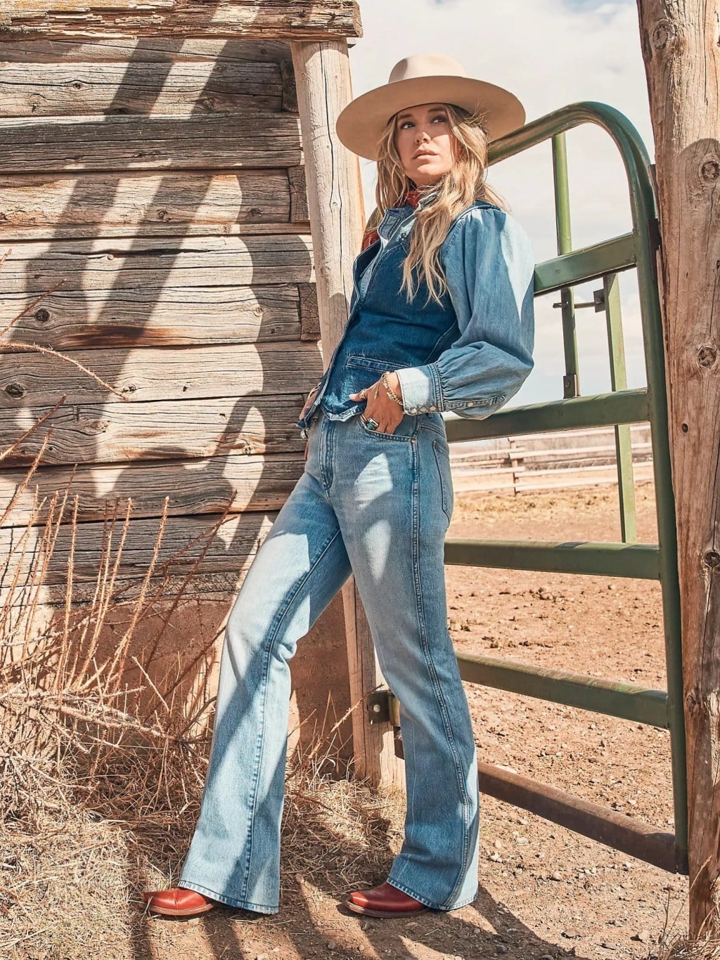 Denim Vest Layered Over Shirt With Red Boots Denim Vest Layered Over Shirt With Red Boots — Cowboy Hat Outfits