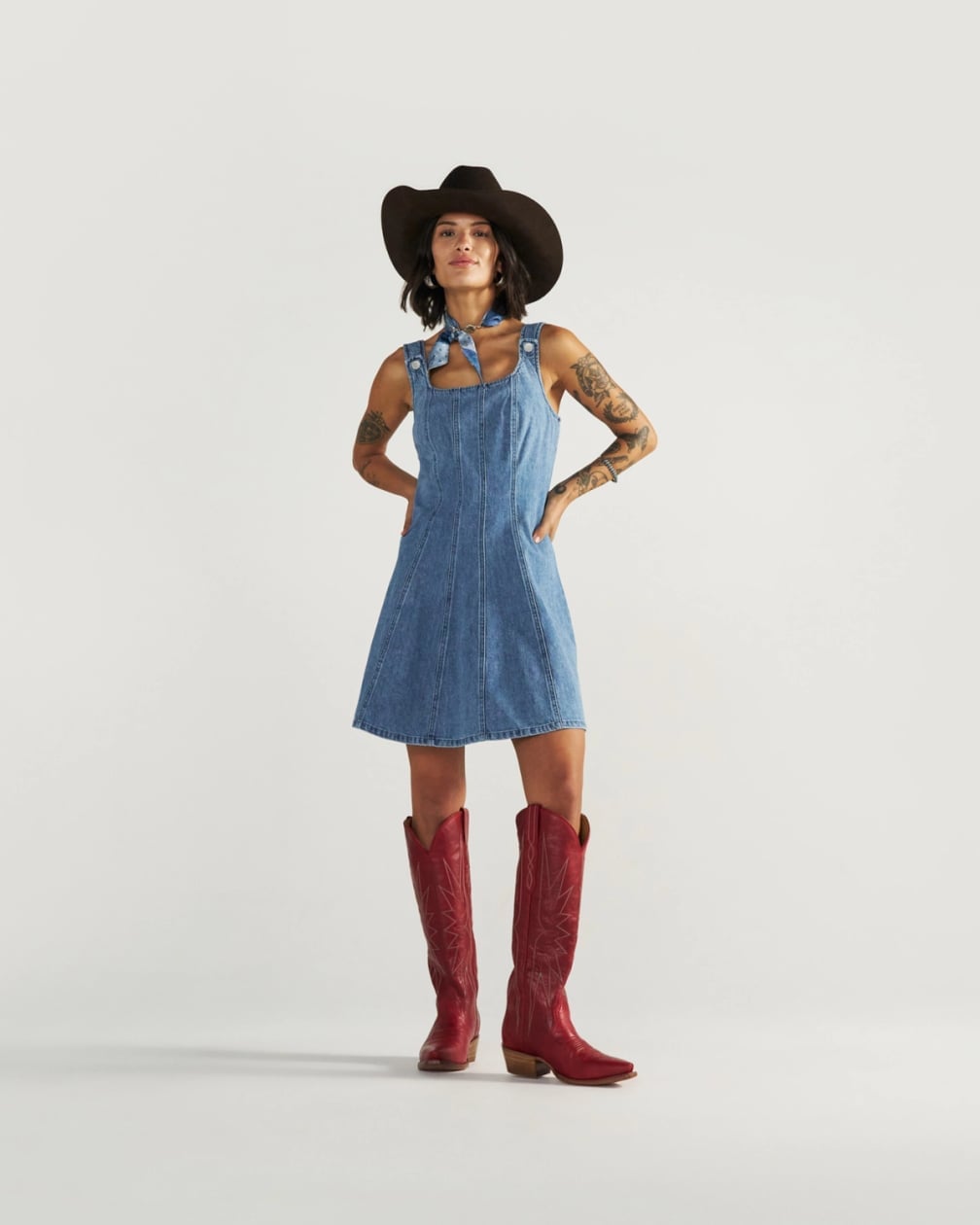 Denim Pinafore Dress With Red Boots And Hat Denim Pinafore Dress With Red Boots And Hat — Cowboy Hat Outfits