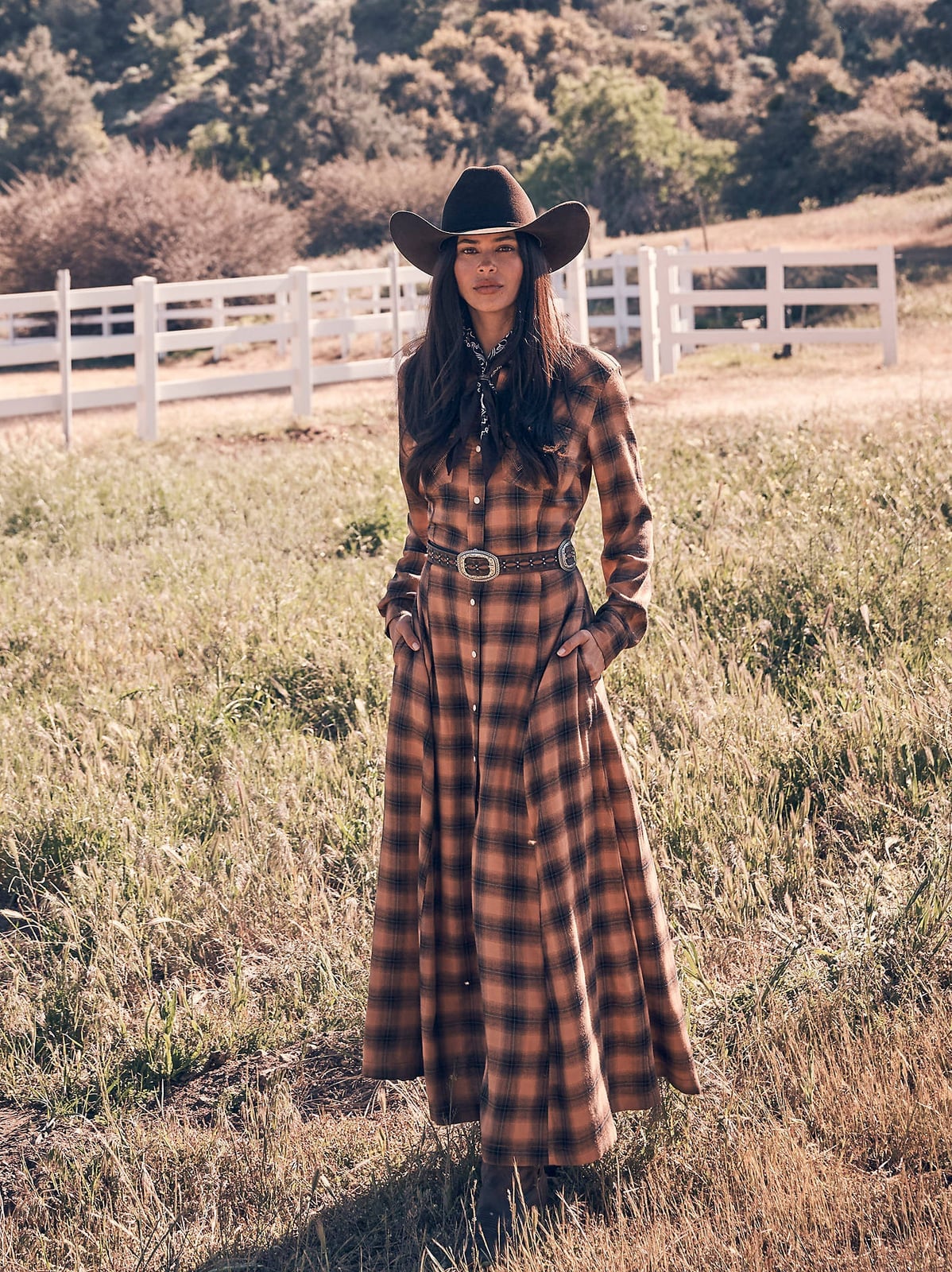Plaid Maxi Dress With Scarf And Cowboy Hat Plaid Maxi Dress With Scarf And Cowboy Hat — Cowboy Hat Outfits