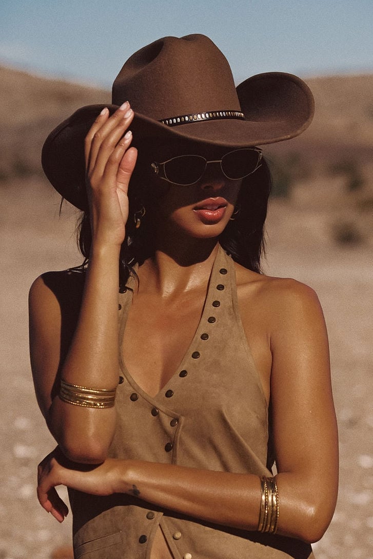 Suede Halter Top With Studded Hat Band Suede Halter Top With Studded Hat Band — Cowboy Hat Outfits