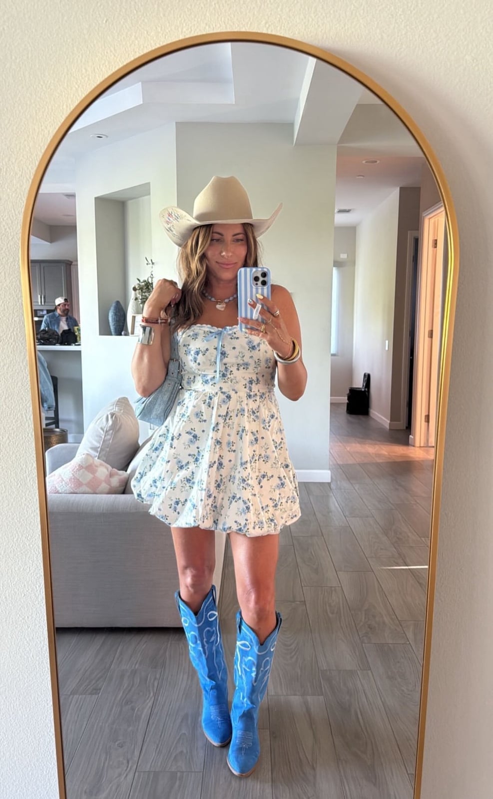 Floral Mini Dress With Bright Blue Boots Floral Mini Dress With Bright Blue Boots — Cowboy Hat Outfits