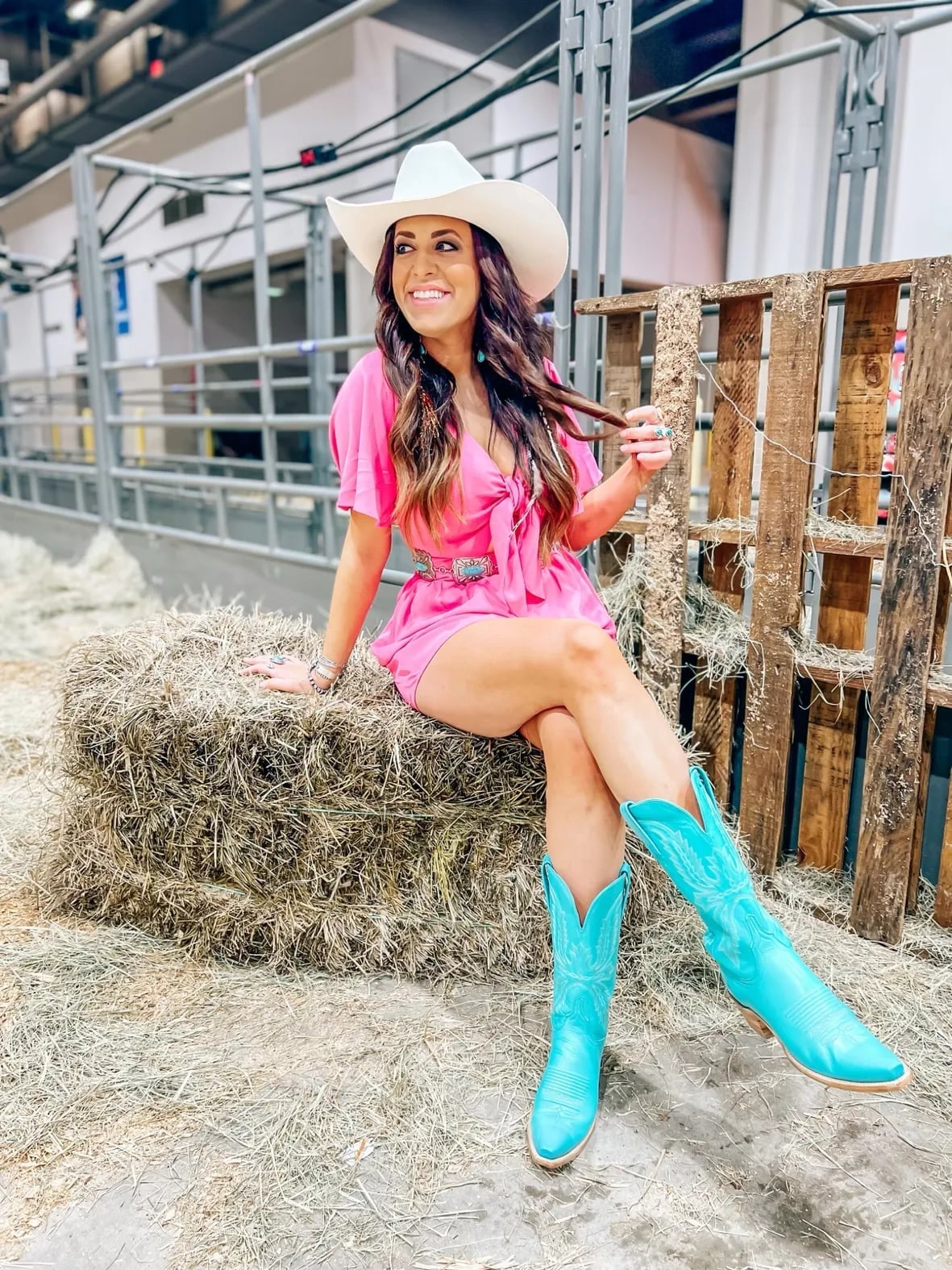 Pink Romper With Turquoise Boots And Silver Belt Pink Romper With Turquoise Boots And Silver Belt — Cowboy Hat Outfits