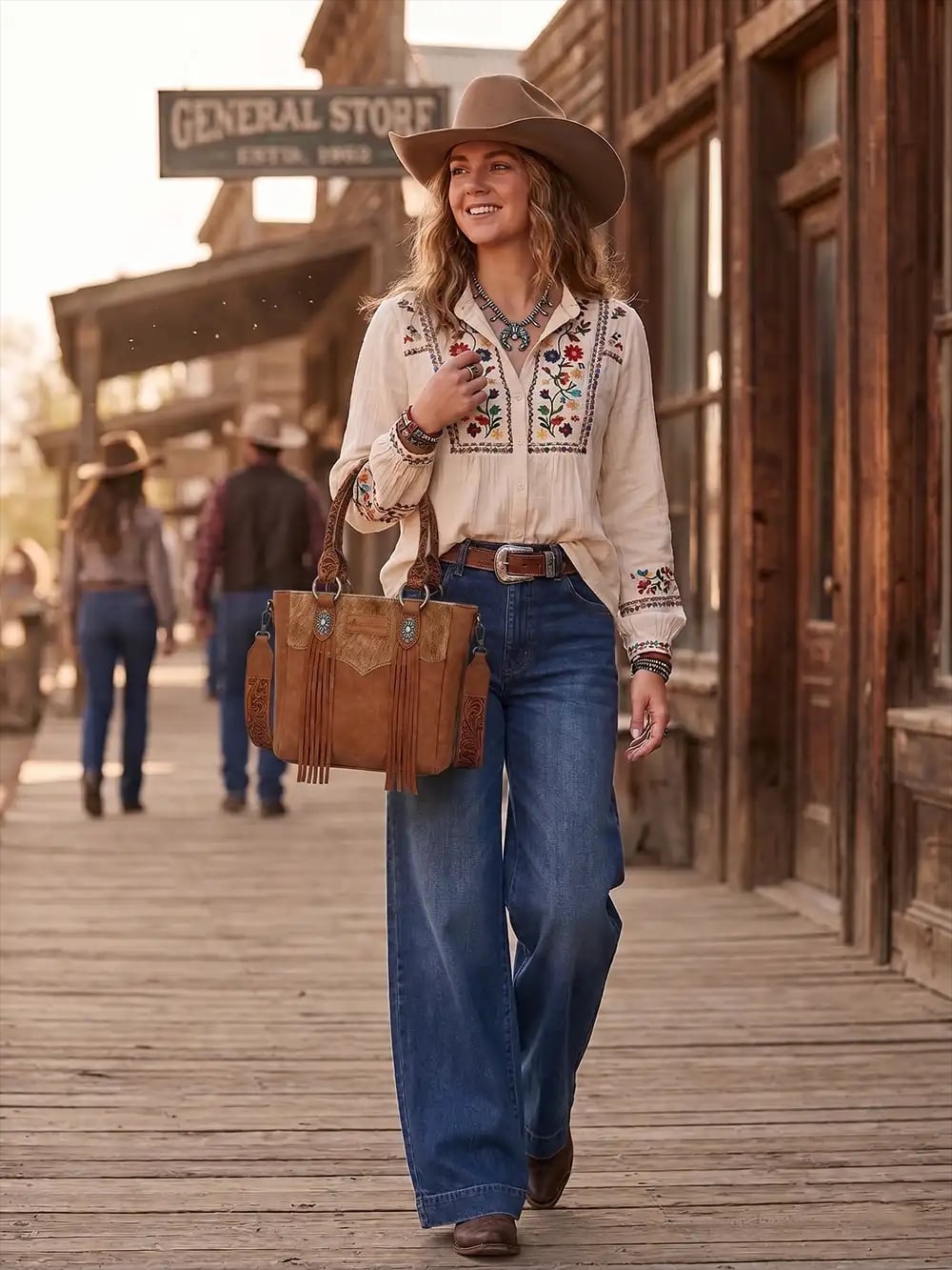 Embroidered Blouse With Wide Leg Jeans And Fringe Bag Embroidered Blouse With Wide Leg Jeans And Fringe Bag — Cowboy Hat Outfits