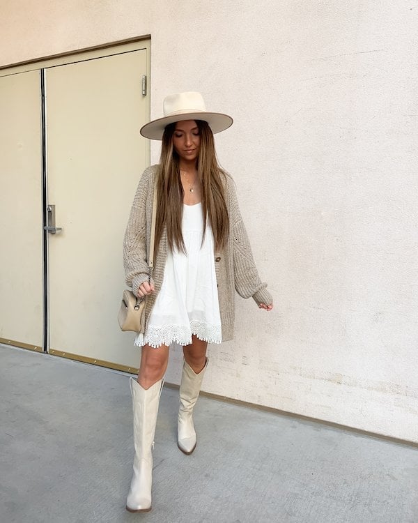 Chunky Knit Cardigan With Mini Dress And Cowboy Boots Chunky Knit Cardigan With Mini Dress And Cowboy Boots — Cowboy Hat Outfits