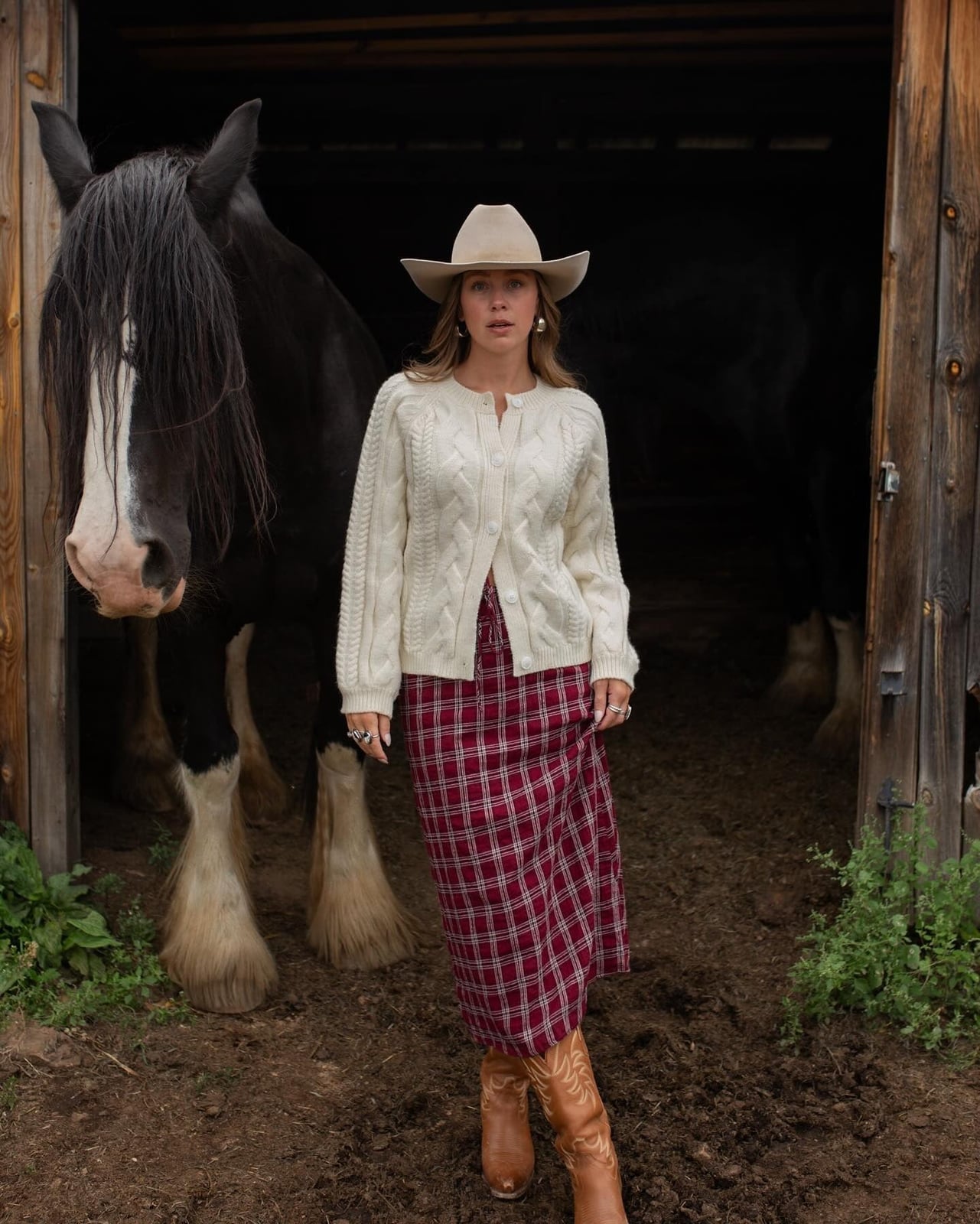 Cable Knit Cardigan With Plaid Skirt And Cowboy Hat Cable Knit Cardigan With Plaid Skirt And Cowboy Hat — Cowboy Hat Outfits