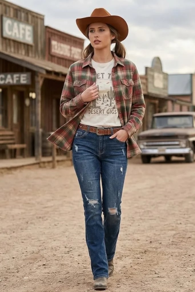 Plaid Shirt Distressed Jeans Casual Plaid Shirt Distressed Jeans Casual — Cowgirl Outfits
