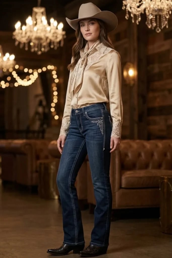 Satin Blouse Bootcut Jeans Sophistication Satin Blouse Bootcut Jeans Sophistication — Cowgirl Outfits