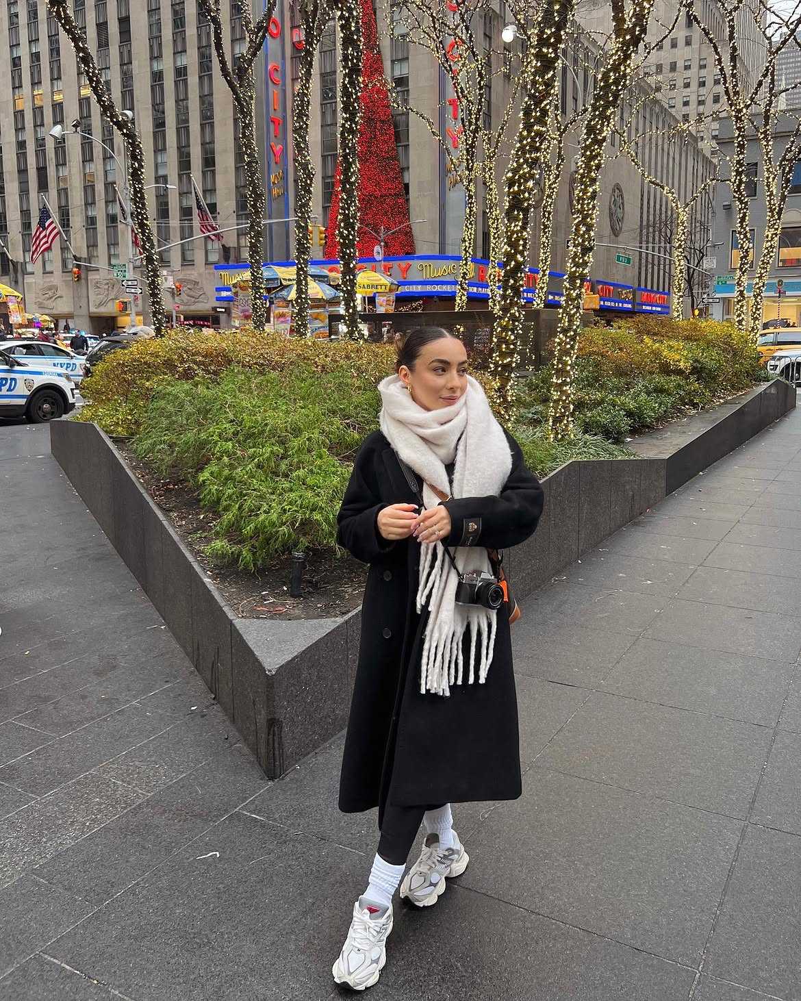 Cozy Black Coat With Cream Scarf And Chunky Sneakers
