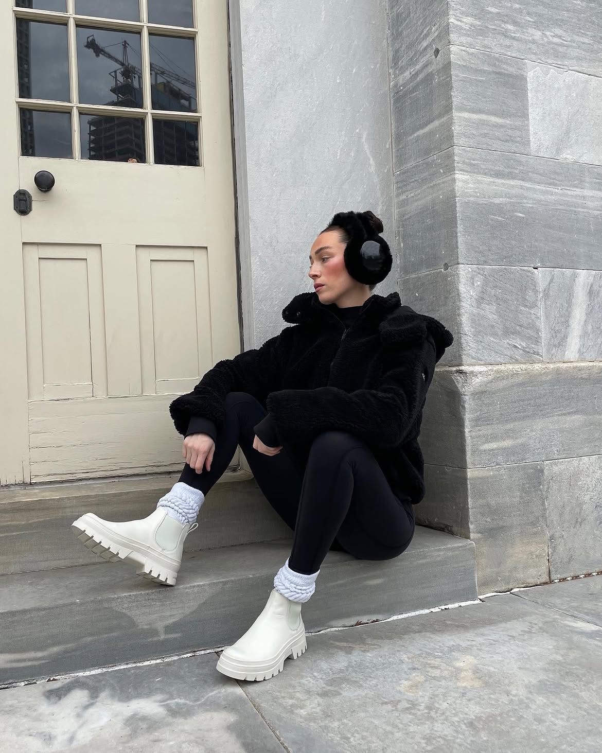 Cozy Black Teddy Jacket With Chunky White Boots