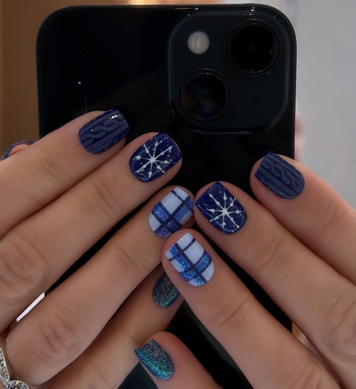 Cozy Blue Winter Sweater Plaid Nail Art