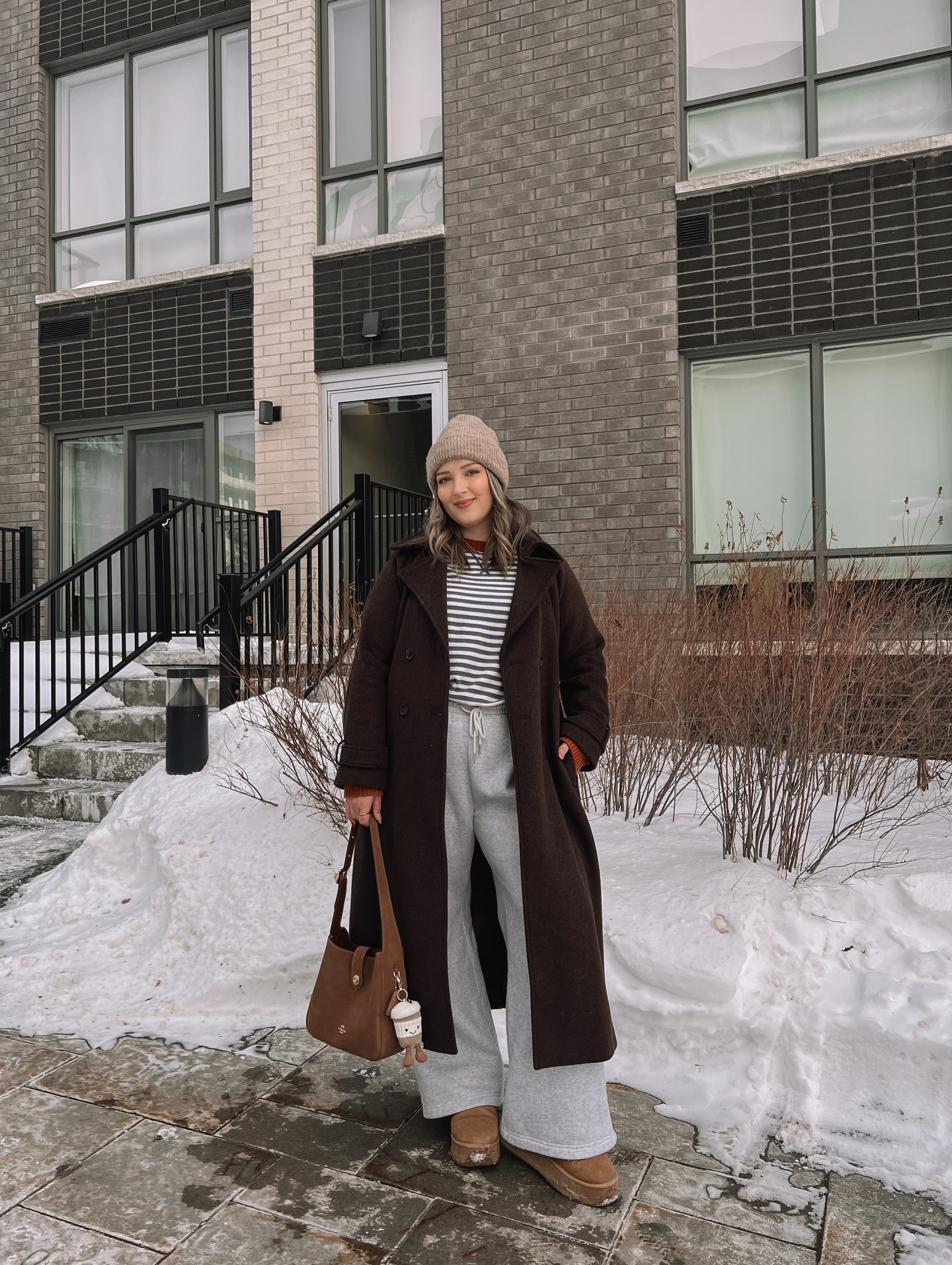 Cozy Brown Coat Over Striped Tee and Sweatpants